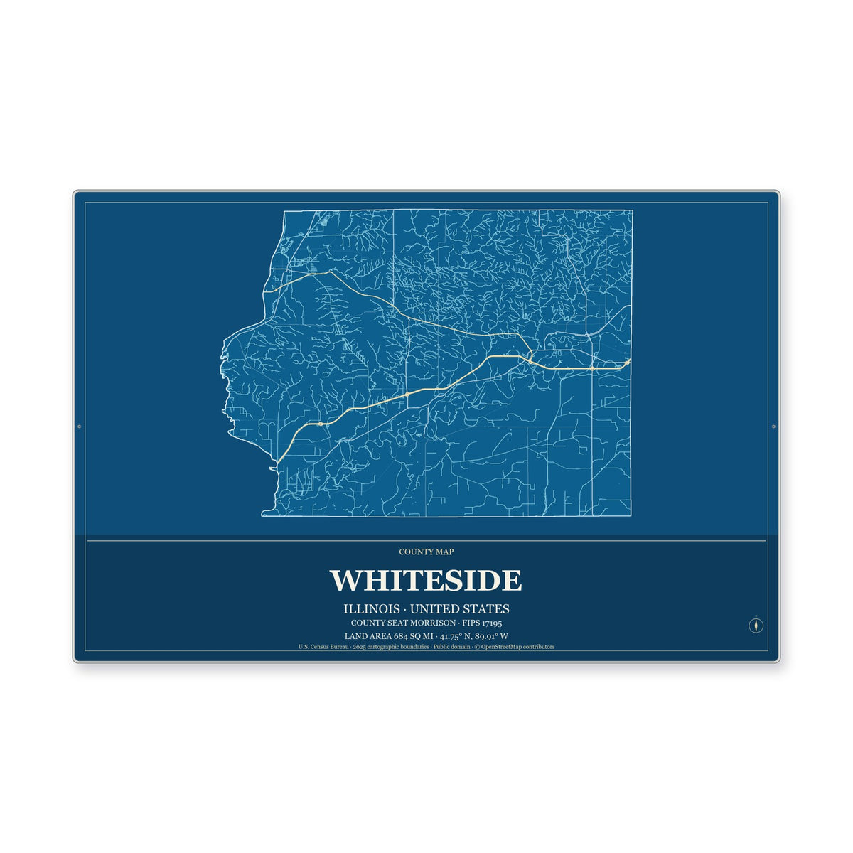 Whiteside County, Illinois Map Aluminum Sign in Harbor Cobalt style