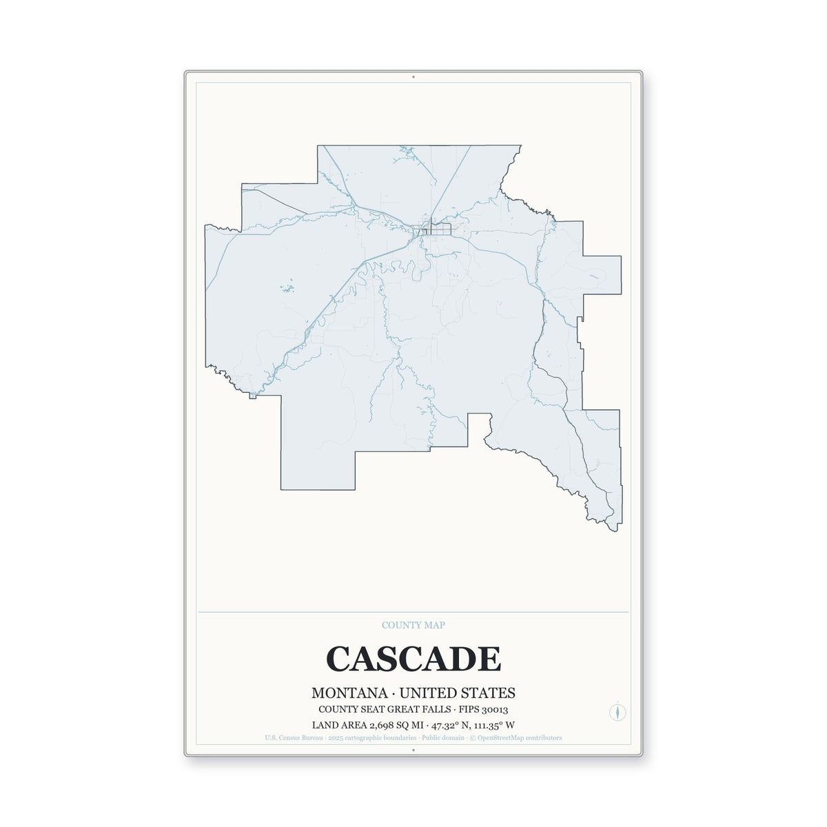 Cascade County, Montana Map Aluminum Sign in Gallery Air style