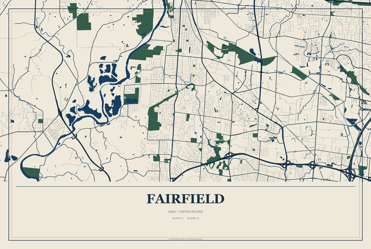 Fairfield, Ohio City Map Aluminum Sign in Coastal Cutout style