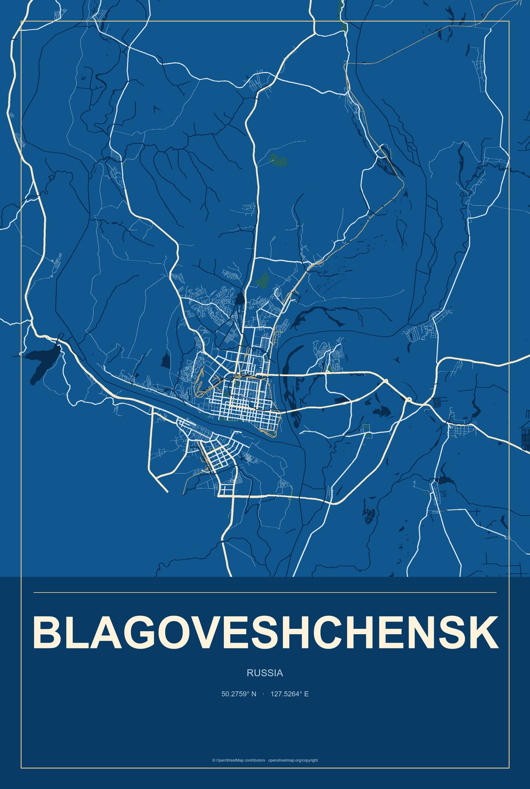 Blagoveshchensk, Amur Oblast, Russia City Map Aluminum Sign in Harbor Cobalt style