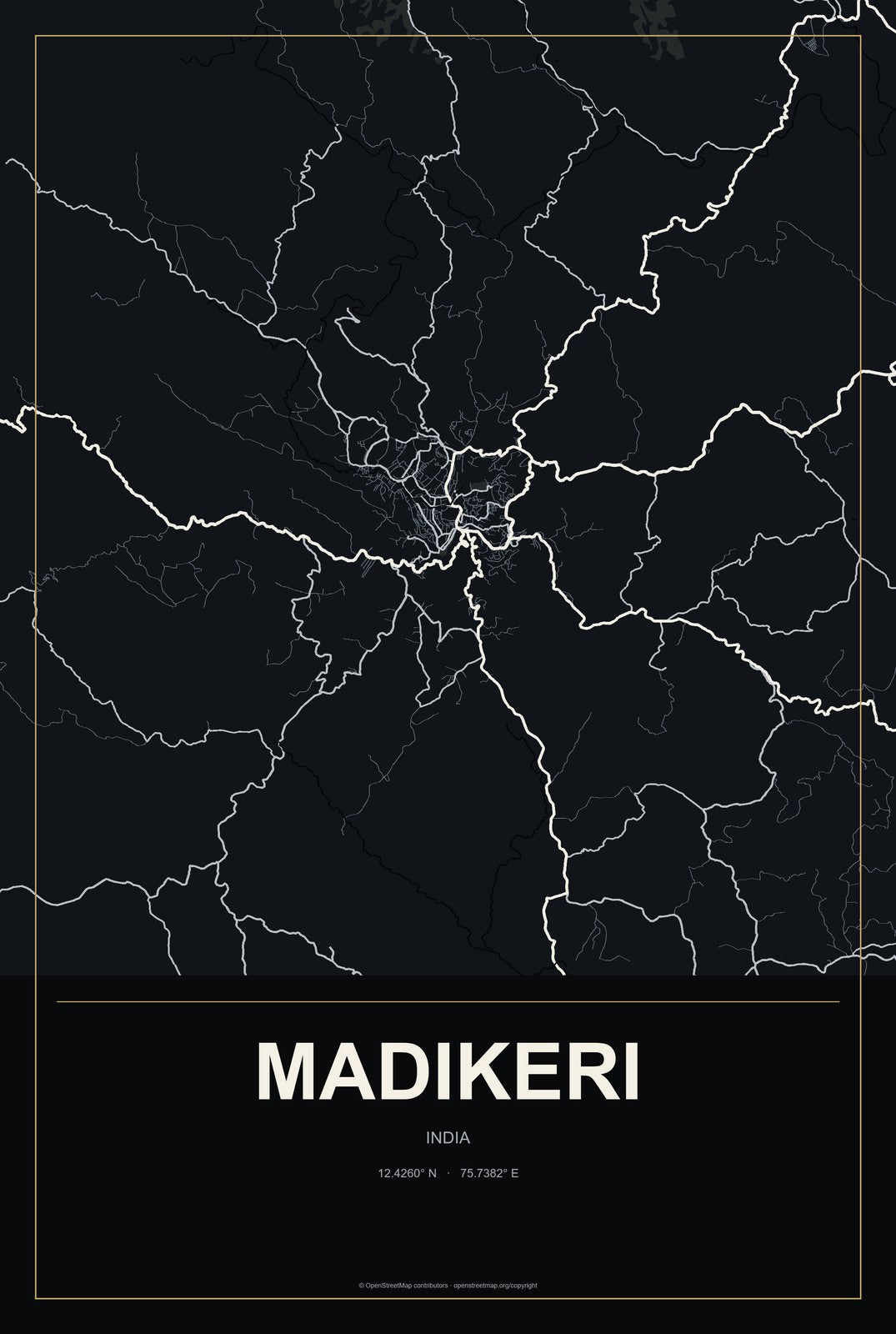 Madikeri, India City Map Aluminum Sign in Metropolitan Noir style
