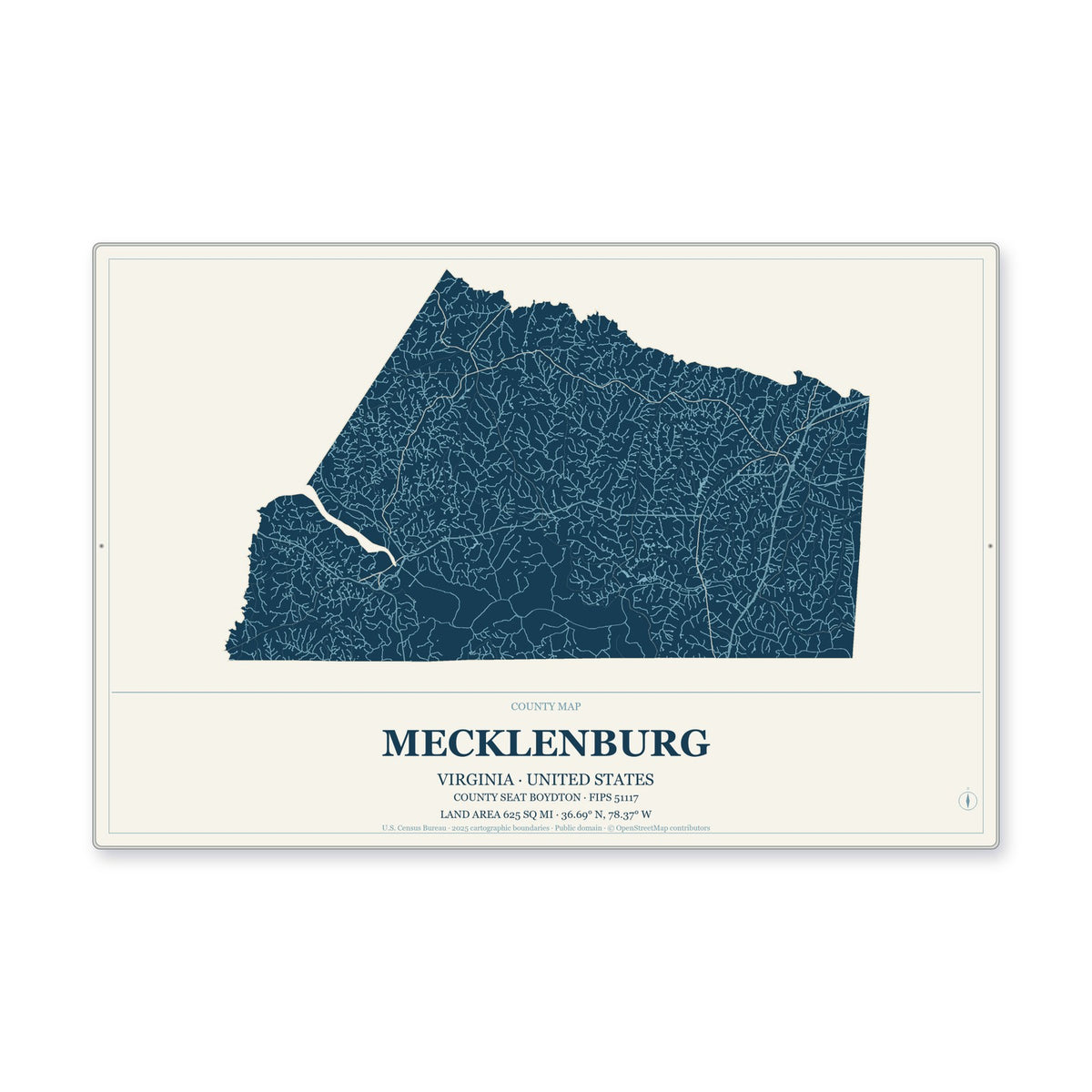 Mecklenburg County, Virginia Map Aluminum Sign in Coastal Cutout style