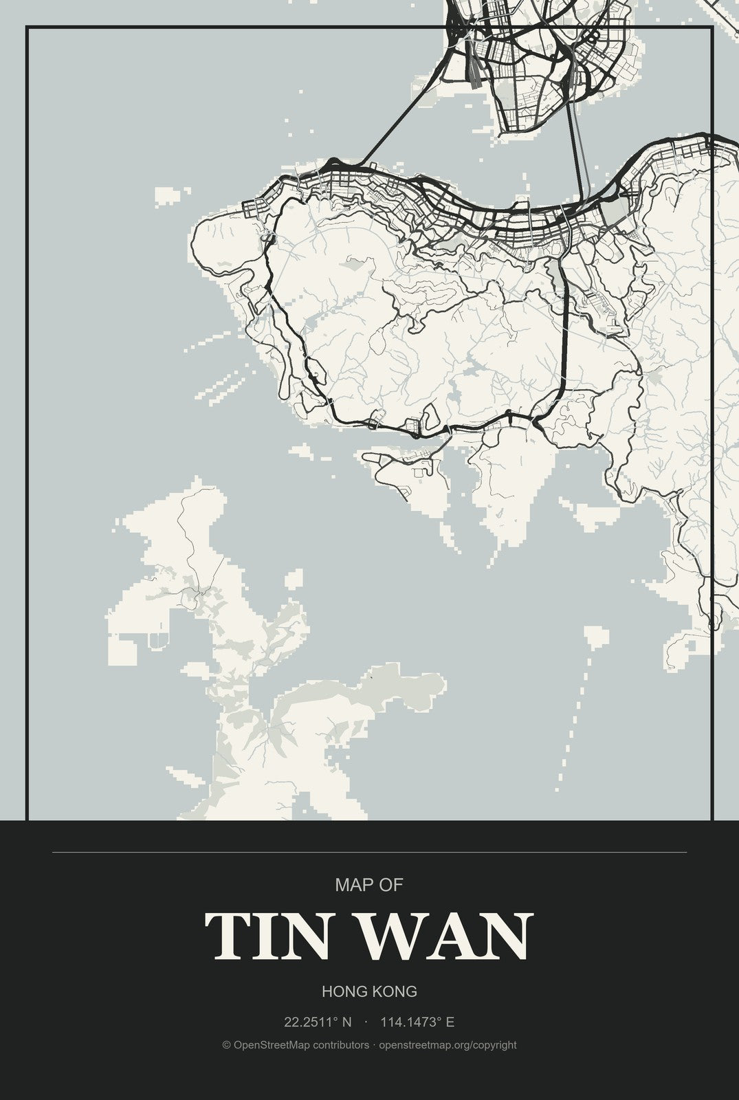 Tin Wan, Hong Kong City Map Aluminum Sign in Museum Plaque style