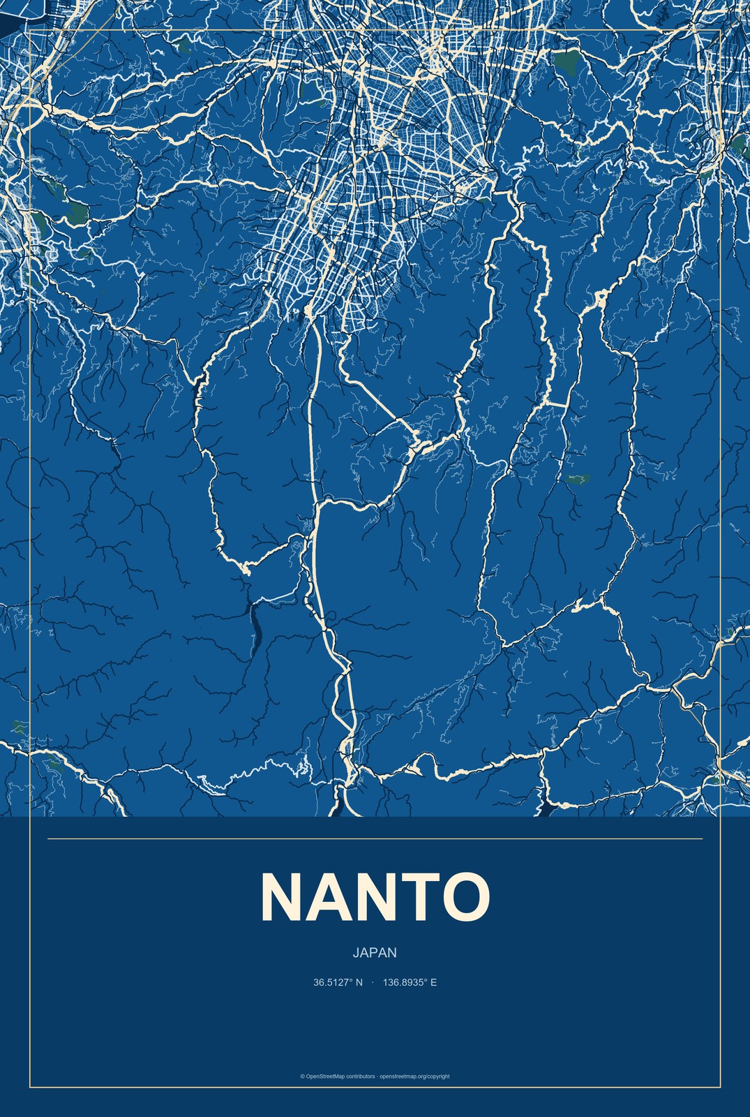 Nanto, Japan City Map Aluminum Sign in Harbor Cobalt style