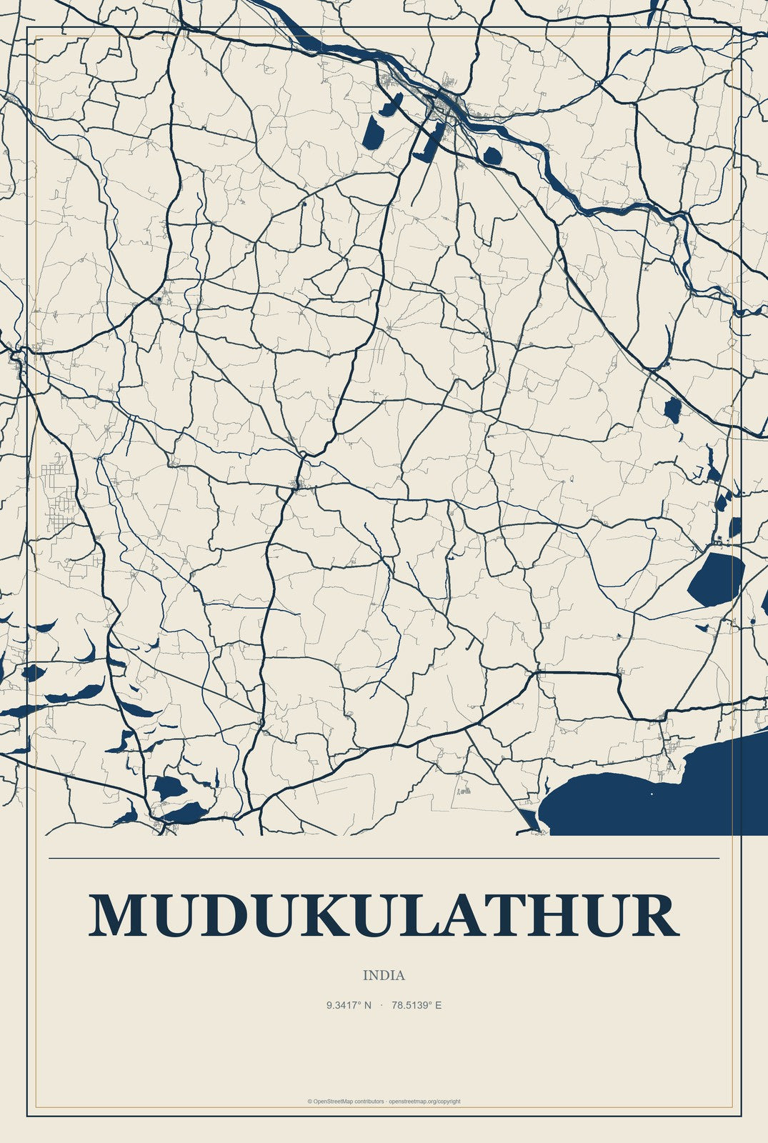 Mudukulathur, India City Map Aluminum Sign in Coastal Cutout style