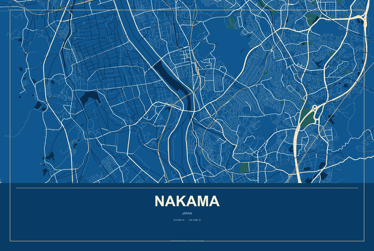 Nakama, Japan City Map Aluminum Sign in Harbor Cobalt style