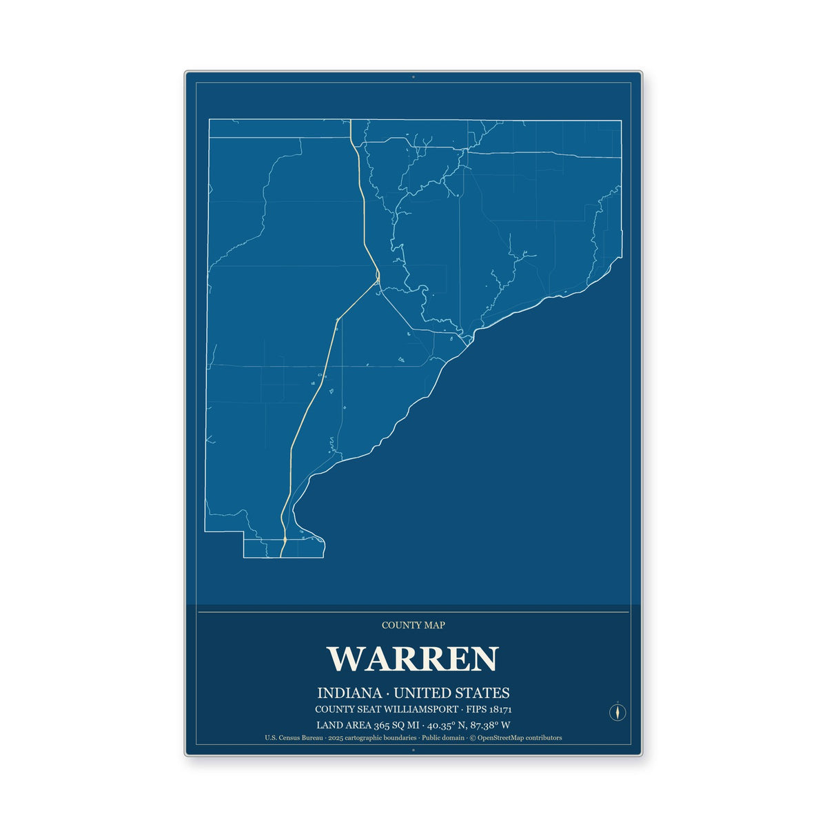 Warren County, Indiana Map Aluminum Sign in Harbor Cobalt style