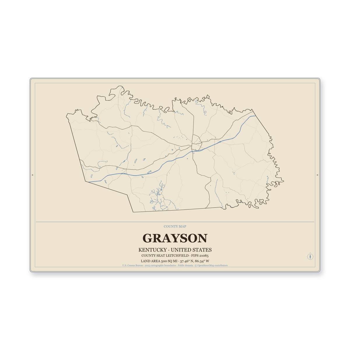 Grayson County, Kentucky Map Aluminum Sign in Heritage Nautical style