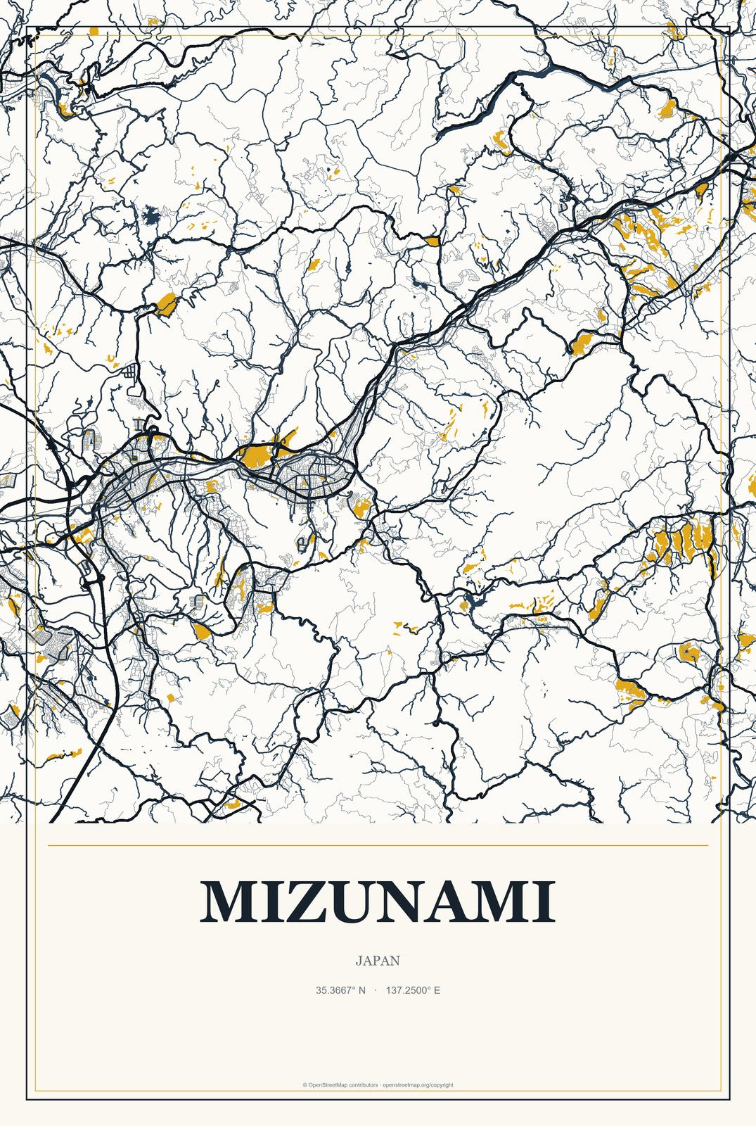 Mizunami, Japan City Map Aluminum Sign in Citrine Modern style