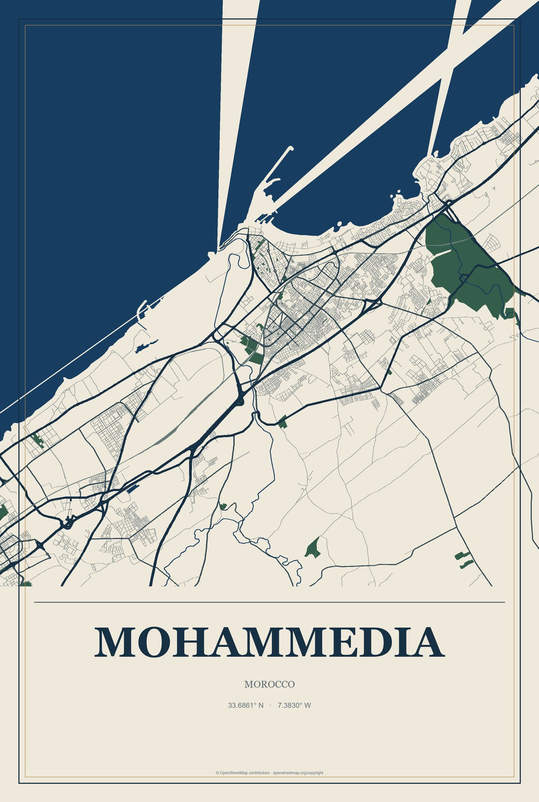 Mohammedia, Morocco City Map Aluminum Sign in Coastal Cutout style