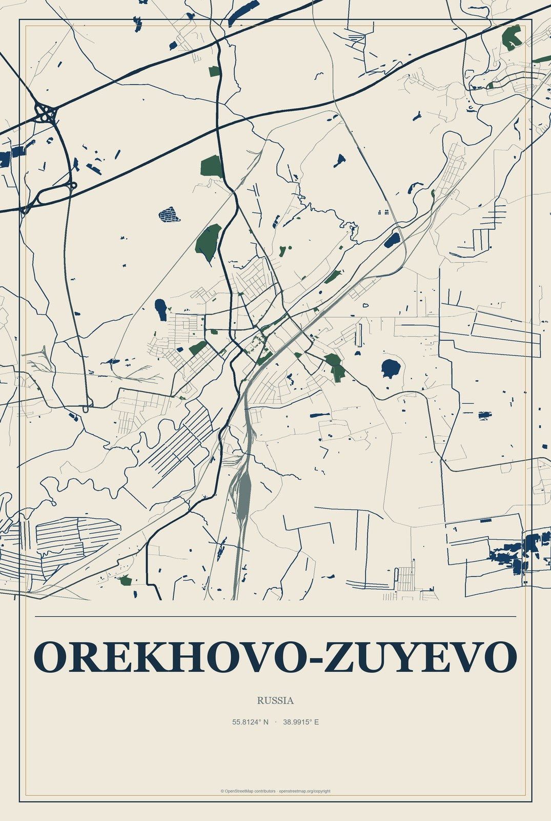Orekhovo-Zuyevo, Russia City Map Aluminum Sign in Coastal Cutout style
