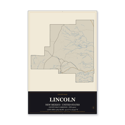 Lincoln County, New Mexico Map Aluminum Sign in Museum Plaque style