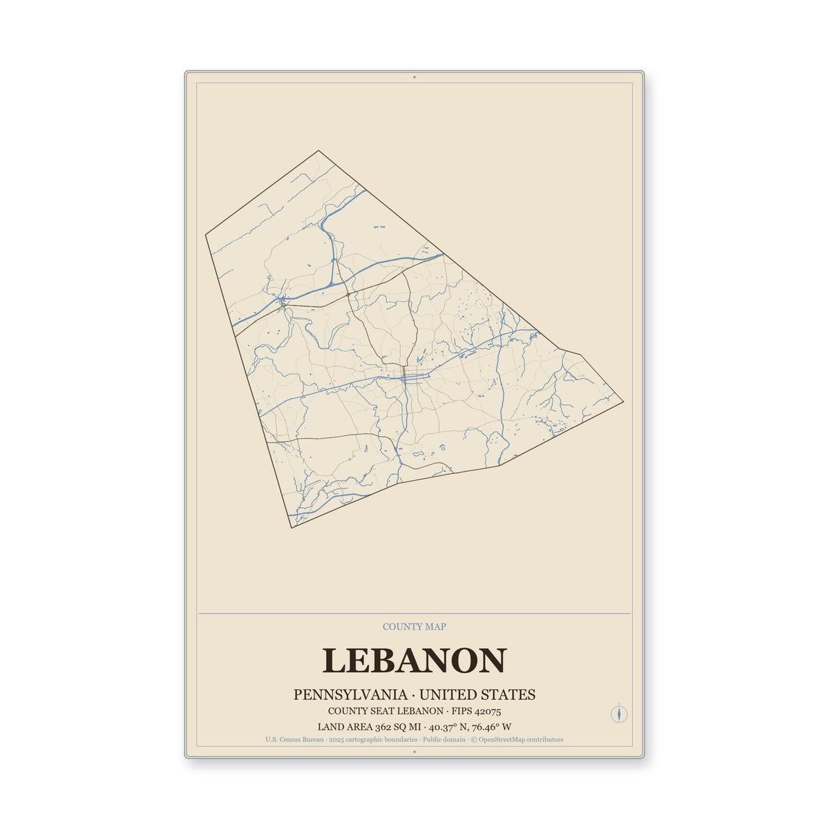 Lebanon County, Pennsylvania Map Aluminum Sign in Heritage Nautical style