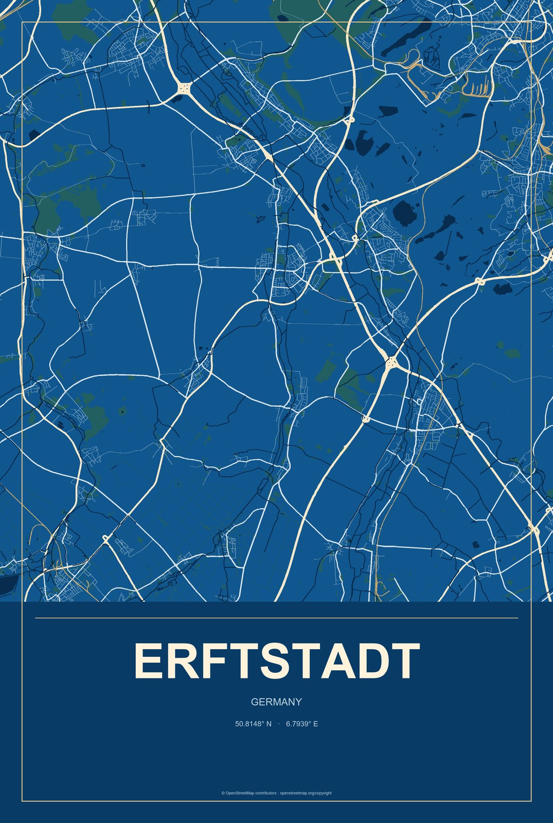 Erftstadt, Germany City Map Aluminum Sign in Harbor Cobalt style