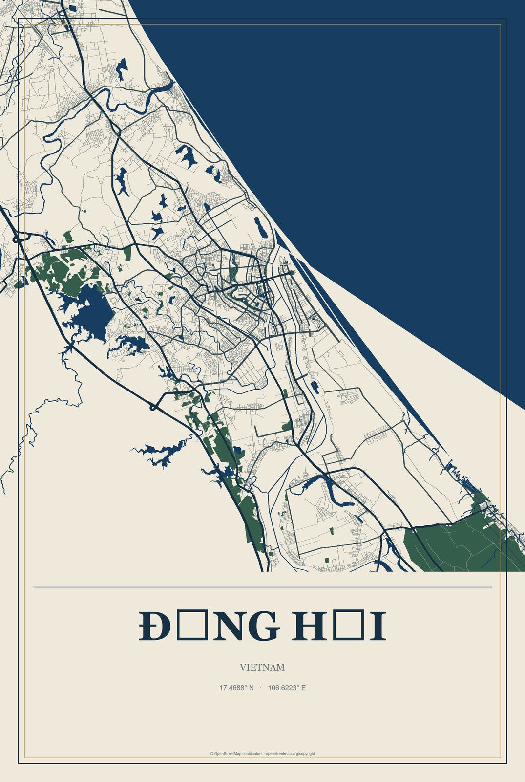 Đồng Hới, Vietnam City Map Aluminum Sign in Coastal Cutout style