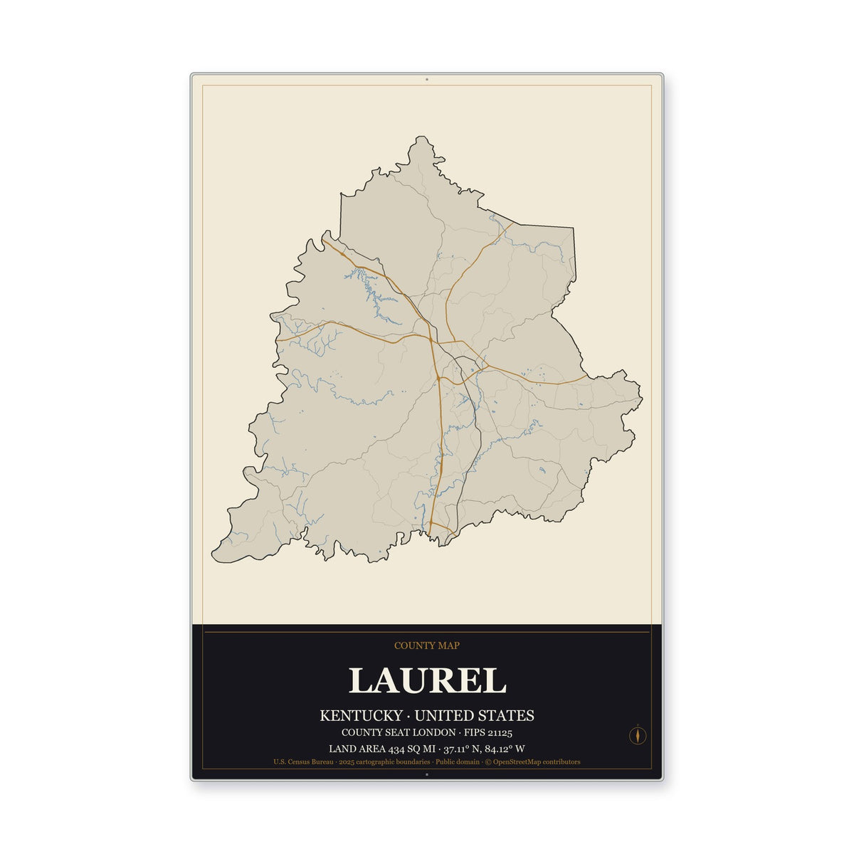 Laurel County, Kentucky Map Aluminum Sign in Museum Plaque style