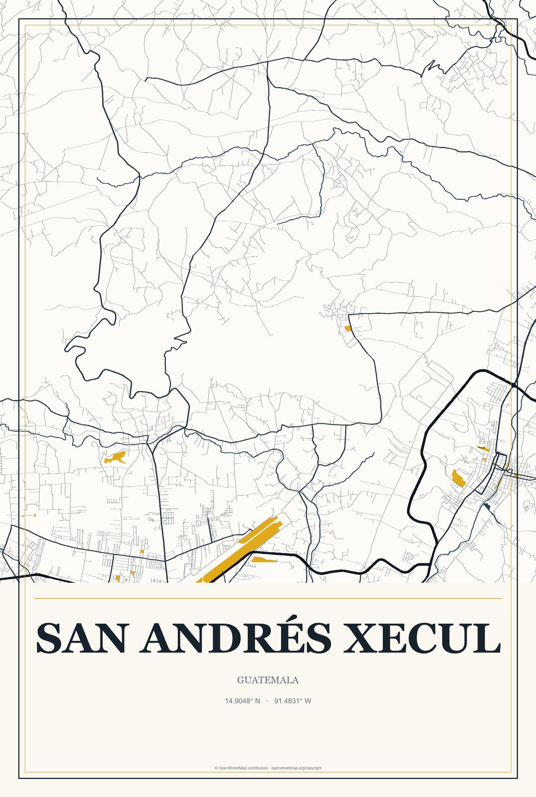 San Andrés Xecul, Guatemala City Map Aluminum Sign in Citrine Modern style