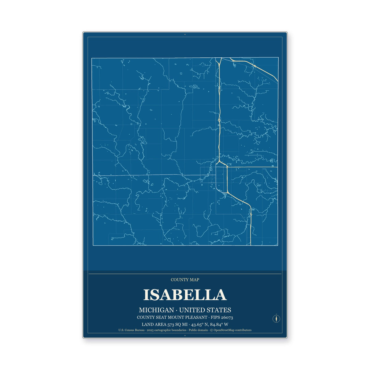 Isabella County, Michigan Map Aluminum Sign in Harbor Cobalt style