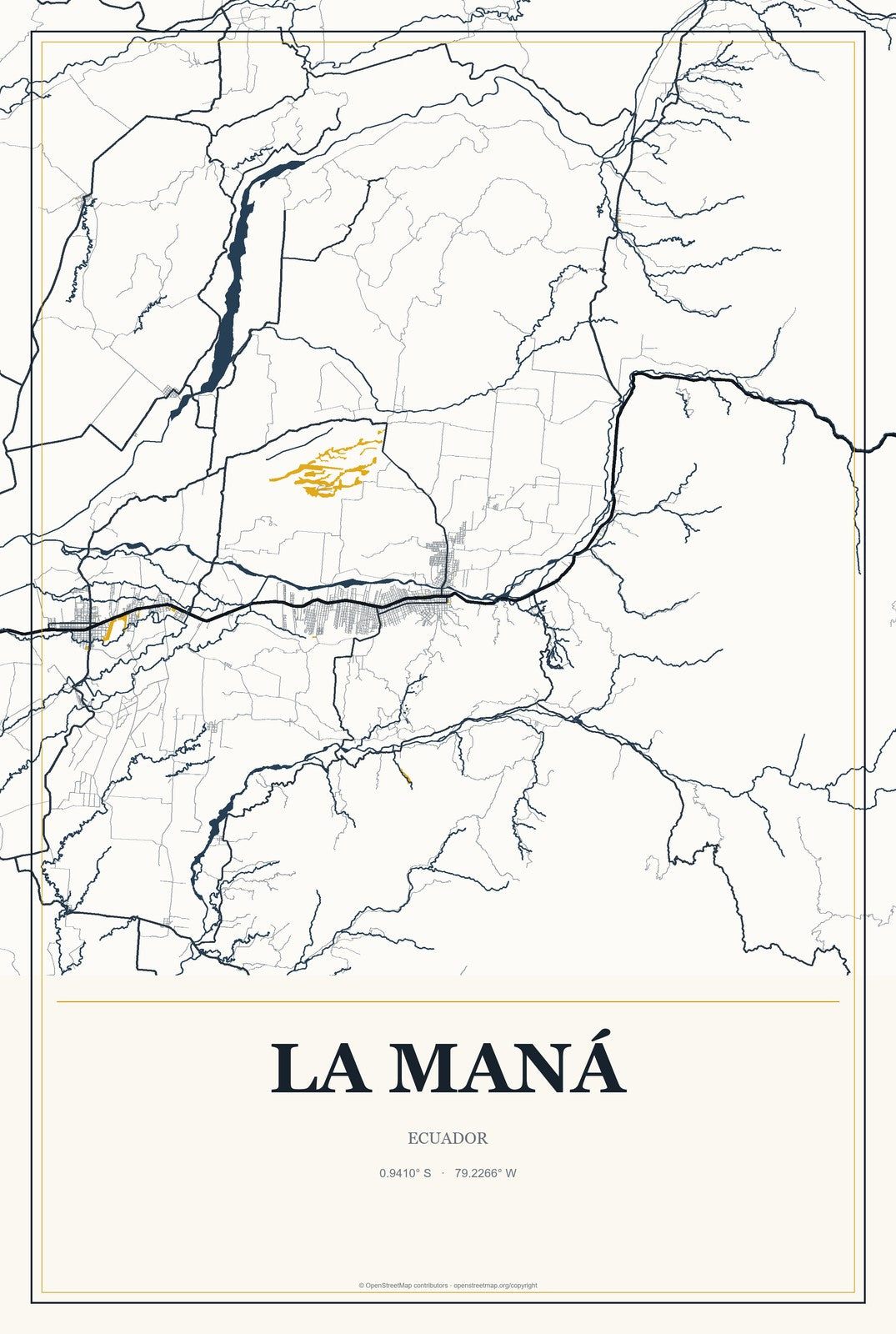 La Maná, Ecuador City Map Aluminum Sign in Citrine Modern style