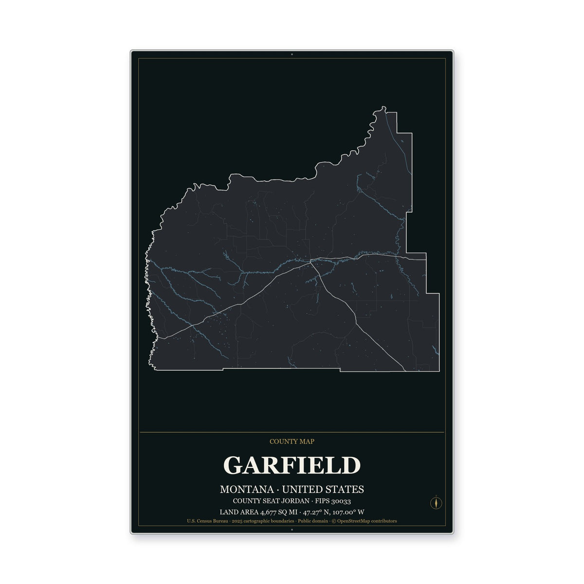Garfield County, Montana Map Aluminum Sign in Metropolitan Noir style