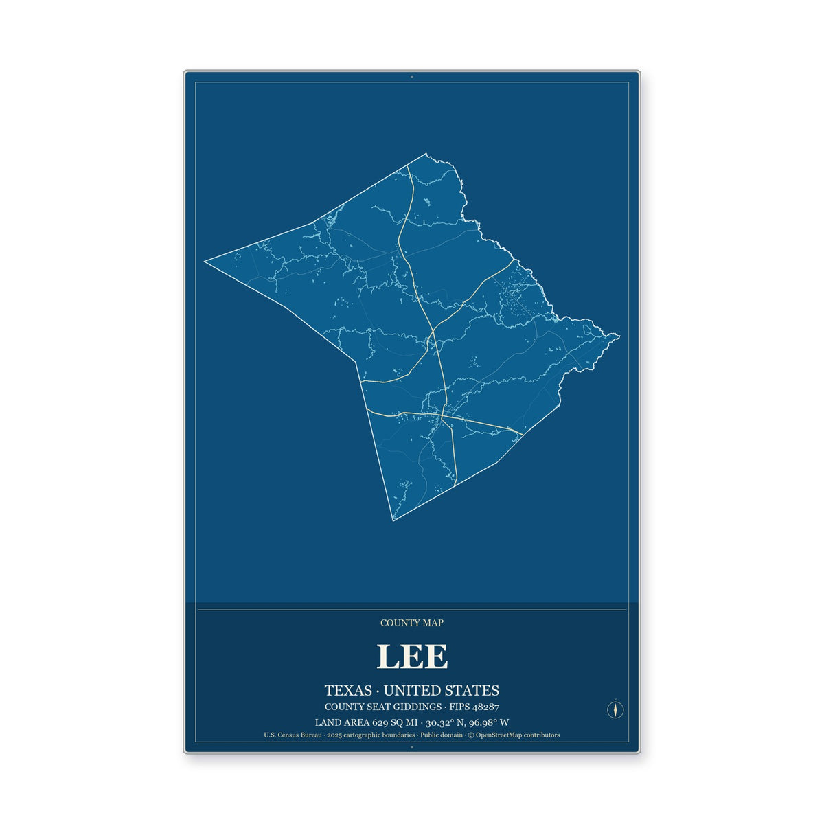 Lee County, Texas Map Aluminum Sign in Harbor Cobalt style