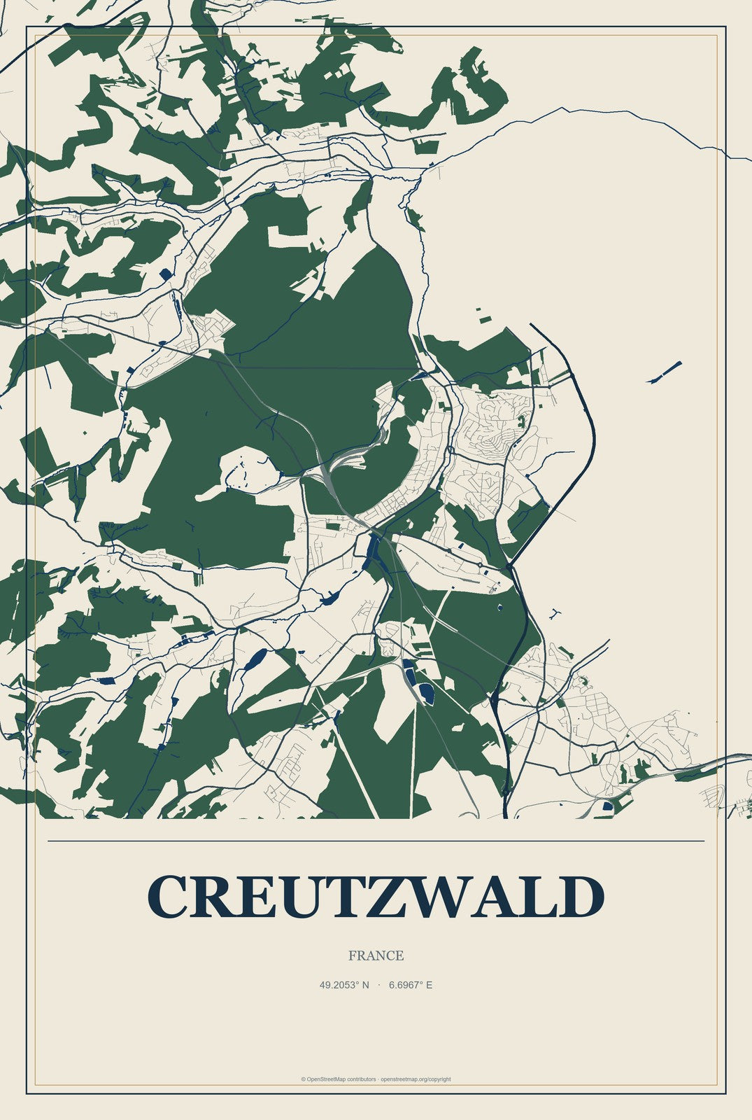 Creutzwald, France City Map Aluminum Sign in Coastal Cutout style