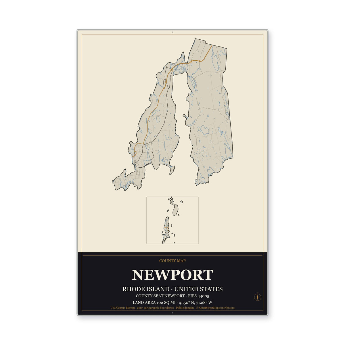 Newport County, Rhode Island Map Aluminum Sign in Museum Plaque style
