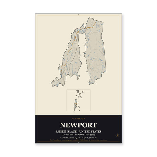Newport County, Rhode Island Map Aluminum Sign in Museum Plaque style