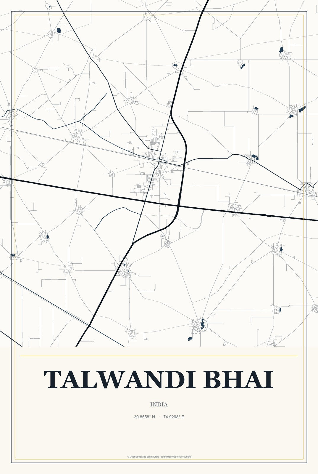 Talwandi Bhai, India City Map Aluminum Sign in Citrine Modern style