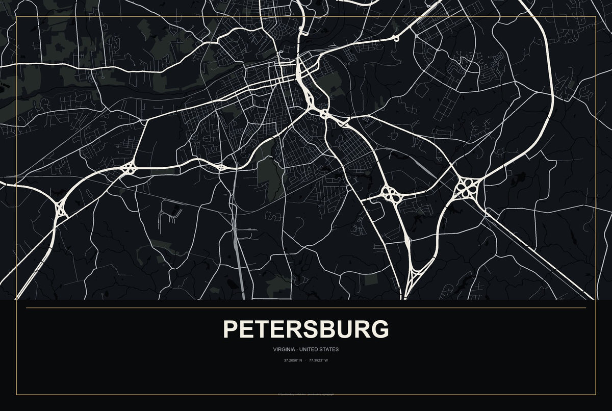 Petersburg, Virginia City Map Aluminum Sign in Metropolitan Noir style