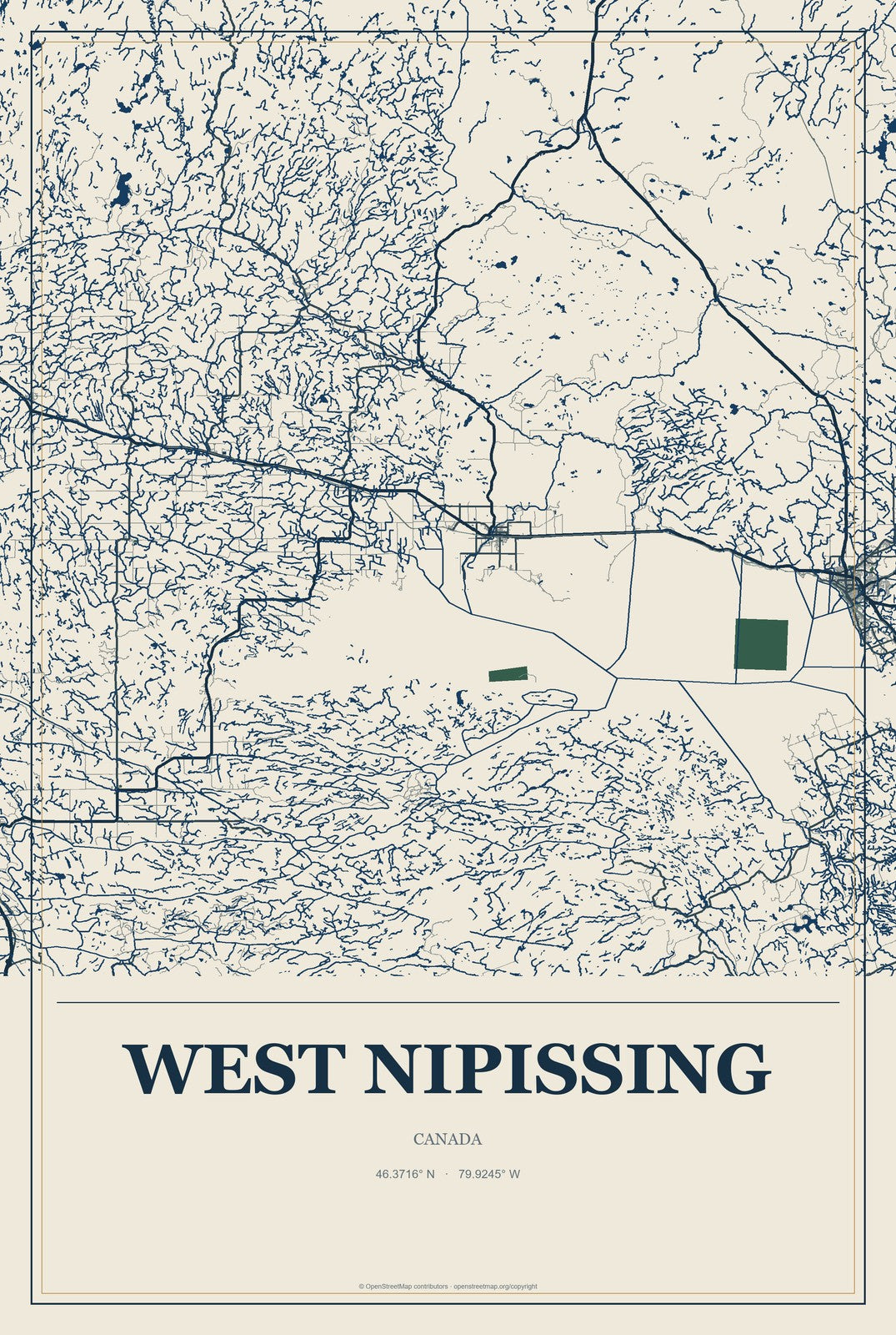 West Nipissing, Canada City Map Aluminum Sign in Coastal Cutout style