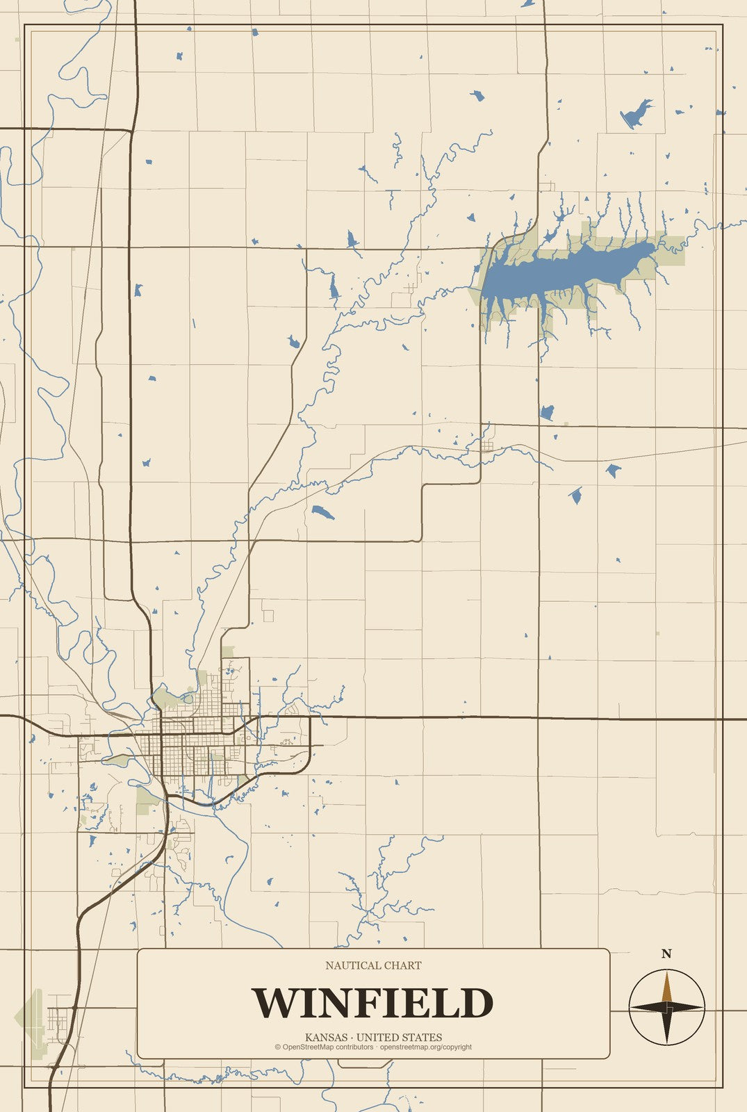Winfield, Kansas City Map Aluminum Sign in Heritage Nautical style