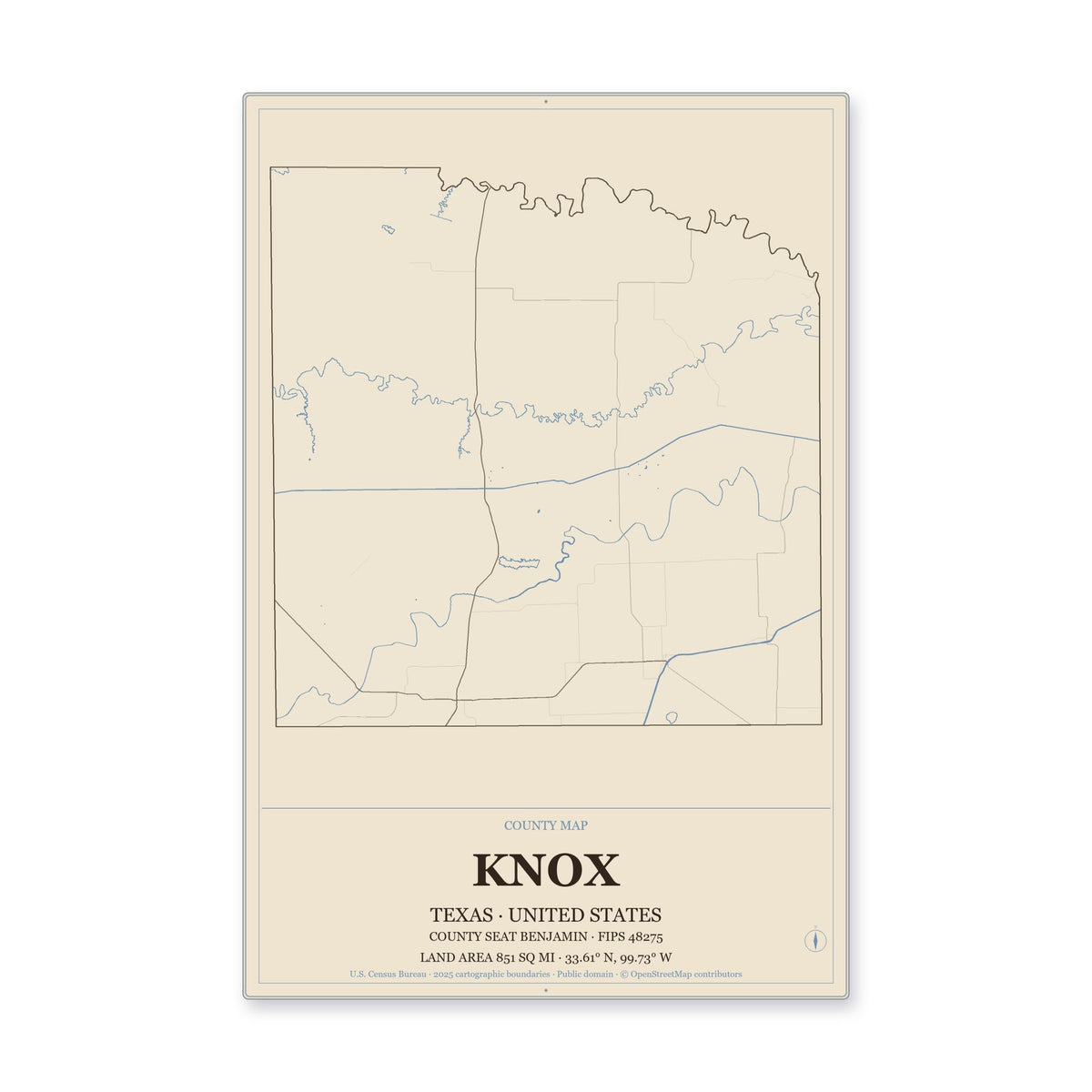 Knox County, Texas Map Aluminum Sign in Heritage Nautical style