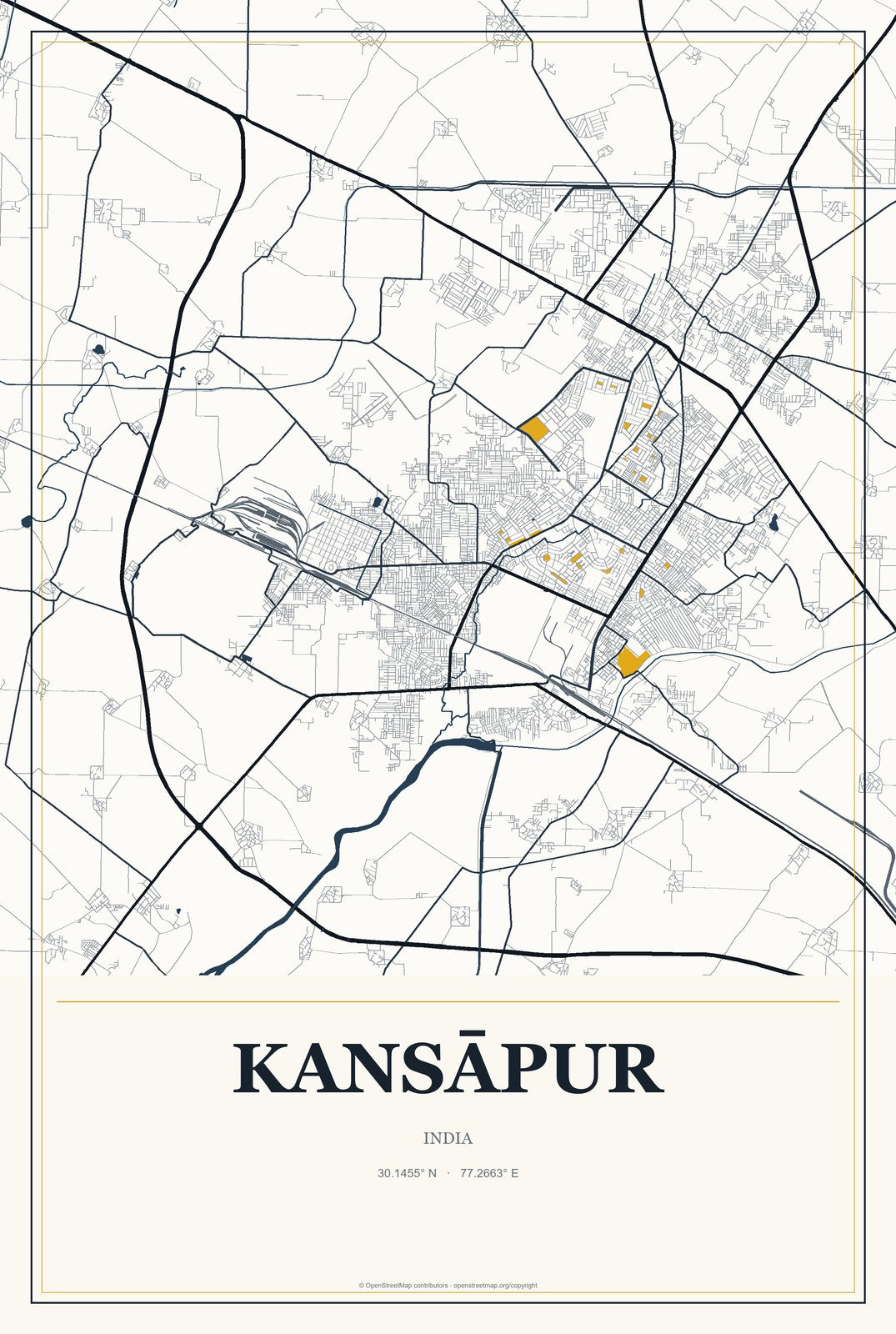 Kansāpur, India City Map Aluminum Sign in Citrine Modern style