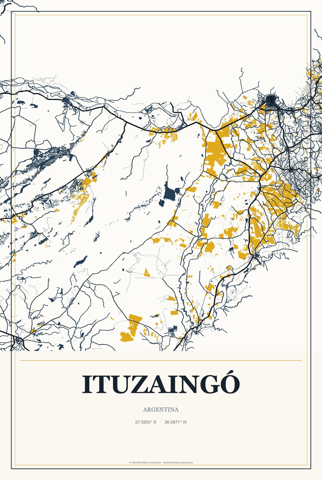 Ituzaingó, Argentina City Map Aluminum Sign in Citrine Modern style