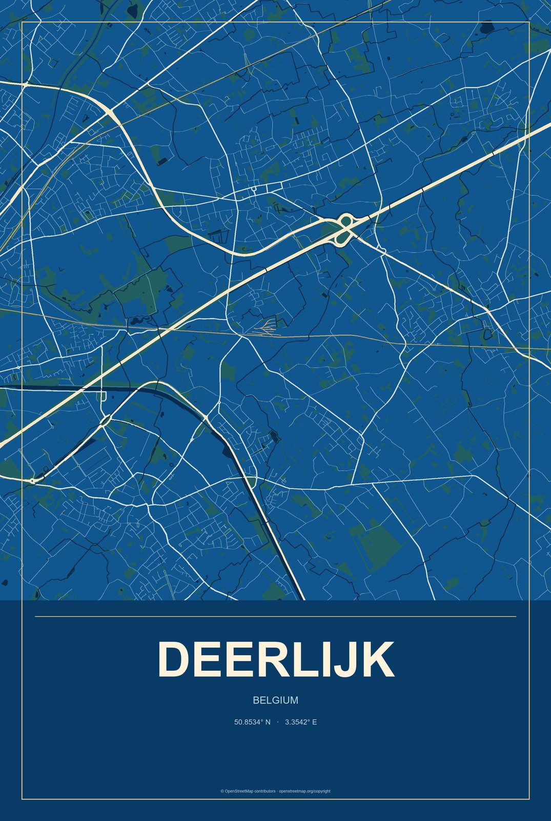 Deerlijk, Belgium City Map Aluminum Sign in Harbor Cobalt style