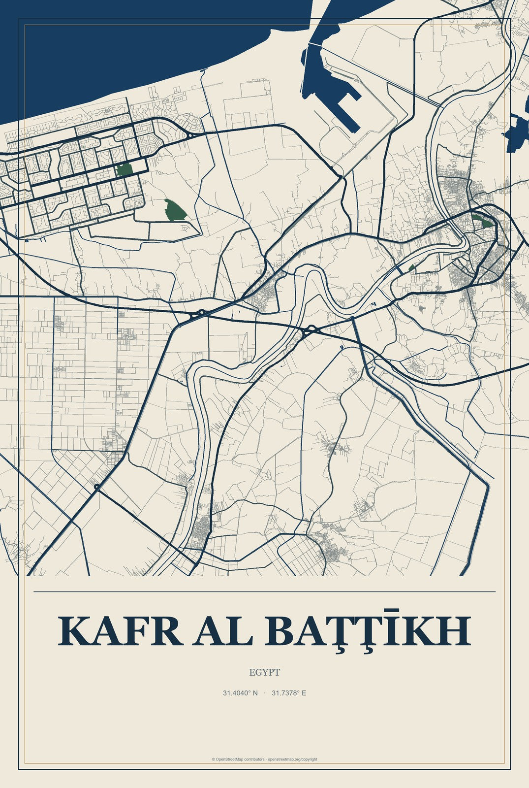 Kafr al Baţţīkh, Egypt City Map Aluminum Sign in Coastal Cutout style