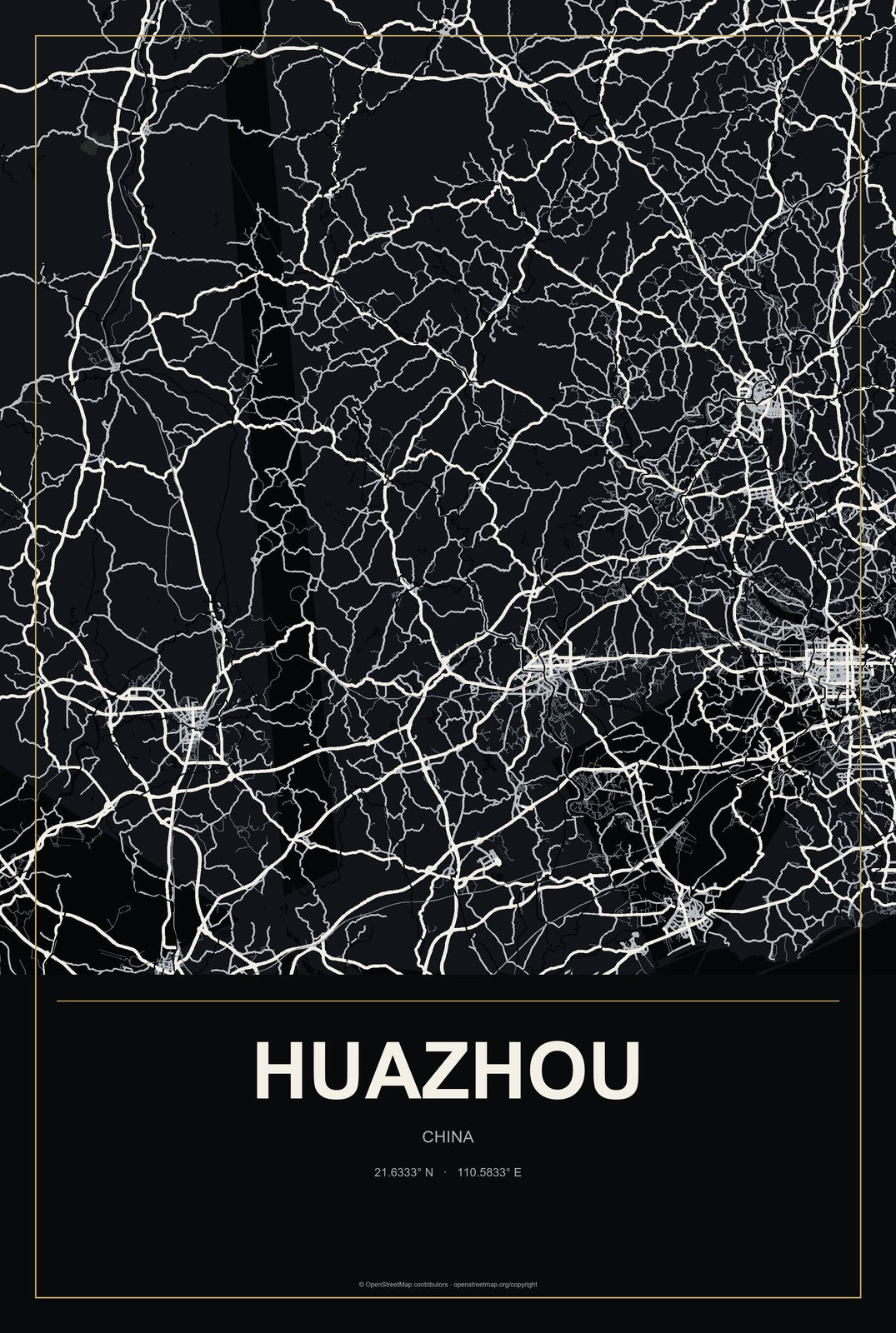 Huazhou, China City Map Aluminum Sign in Metropolitan Noir style