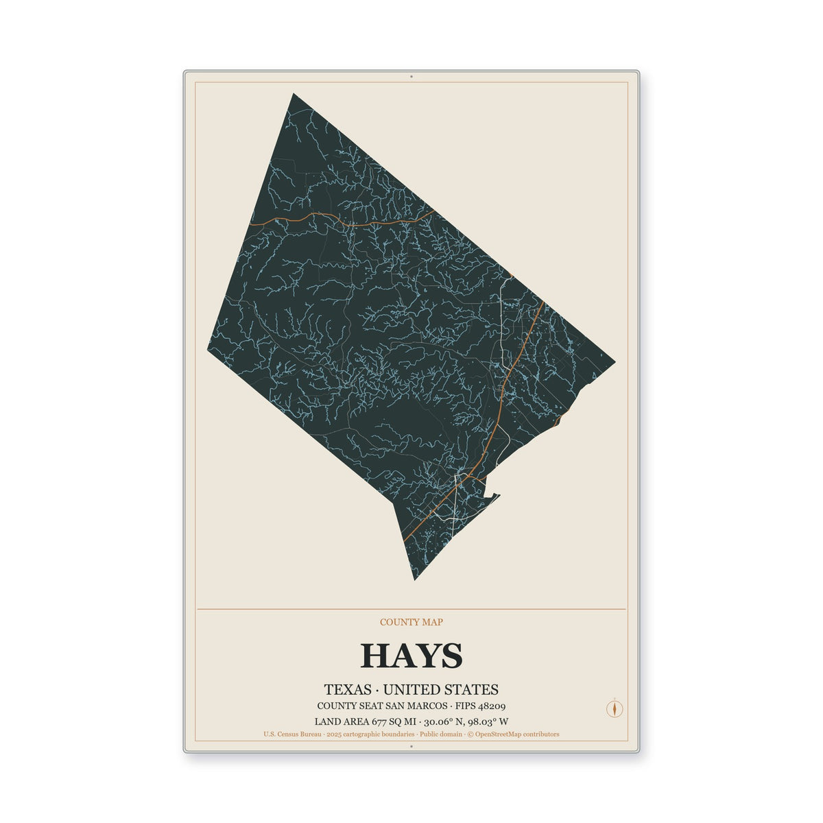 Hays County, Texas Map Aluminum Sign in Headline Atlas style