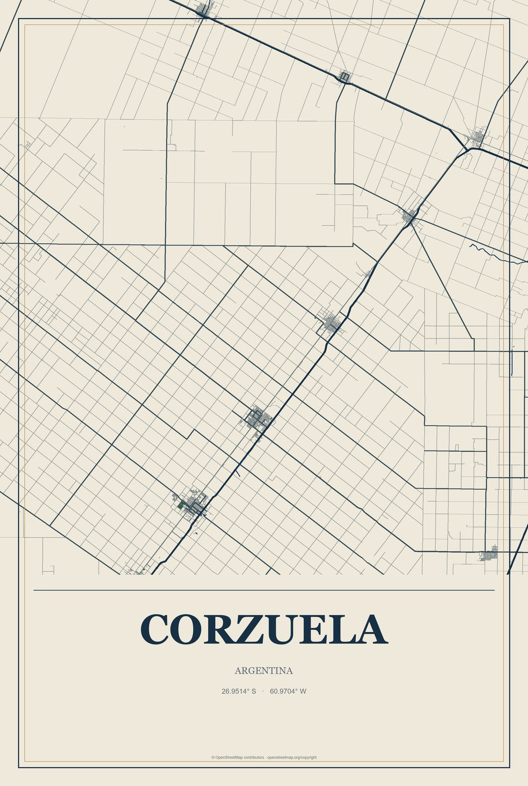 Corzuela, Argentina City Map Aluminum Sign in Coastal Cutout style