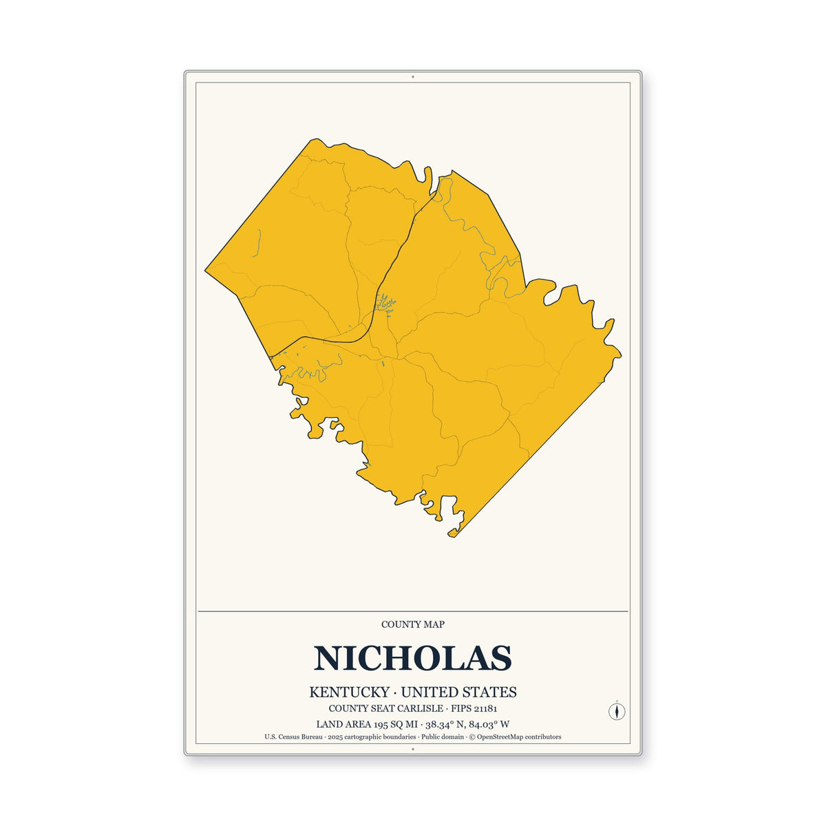 Nicholas County, Kentucky Map Aluminum Sign in Citrine Modern style