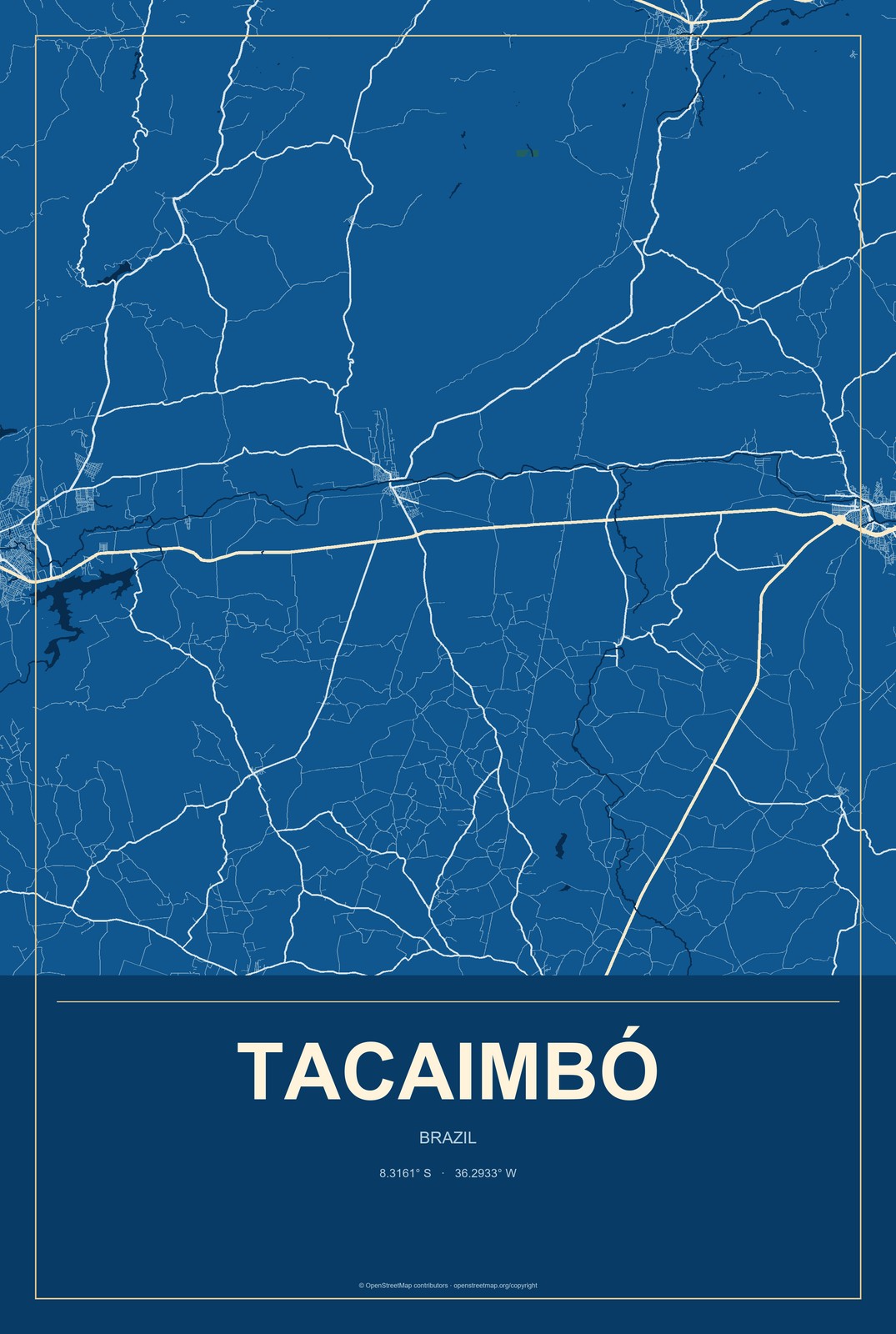 Tacaimbó, Brazil City Map Aluminum Sign in Harbor Cobalt style