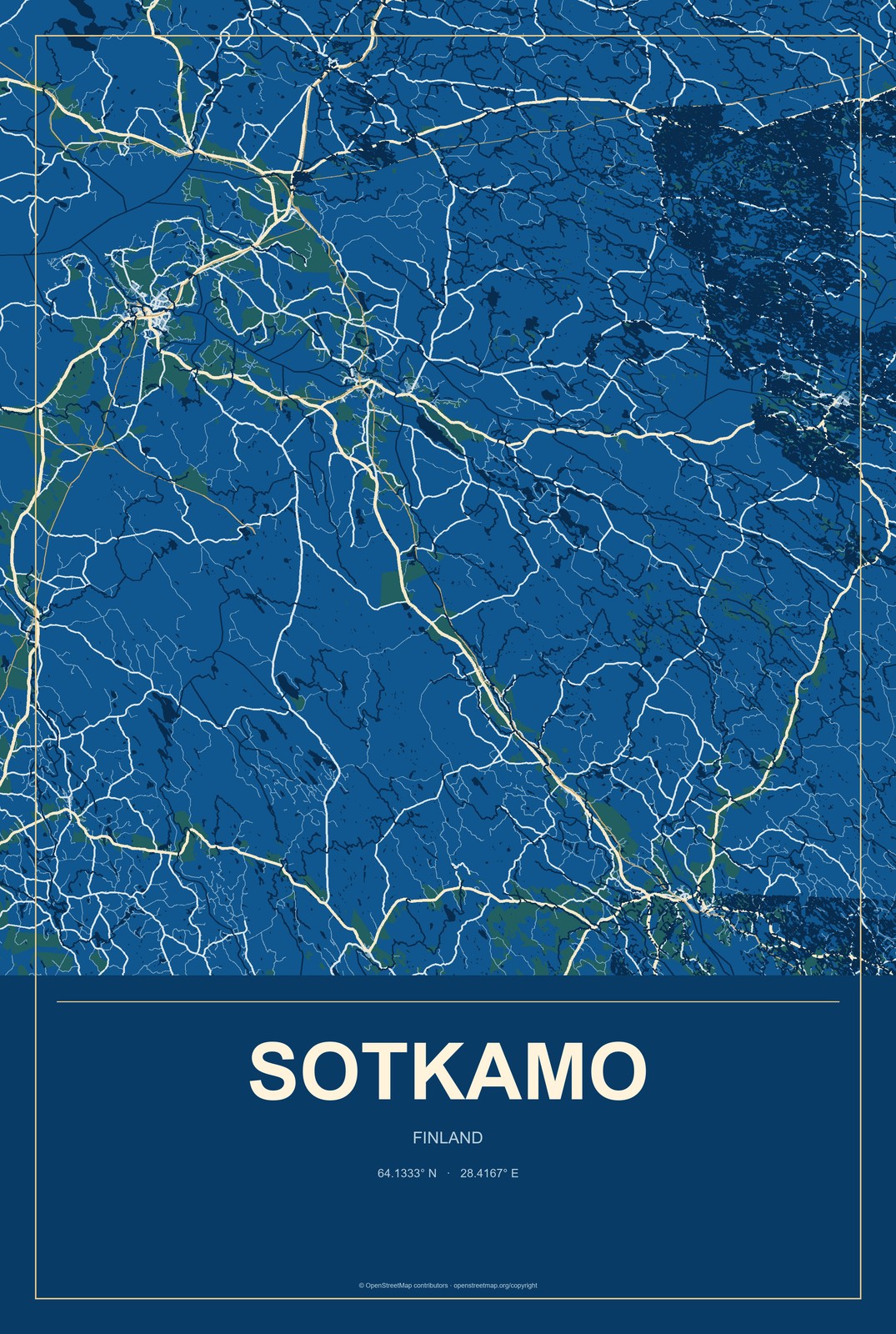Sotkamo, Finland City Map Aluminum Sign in Harbor Cobalt style