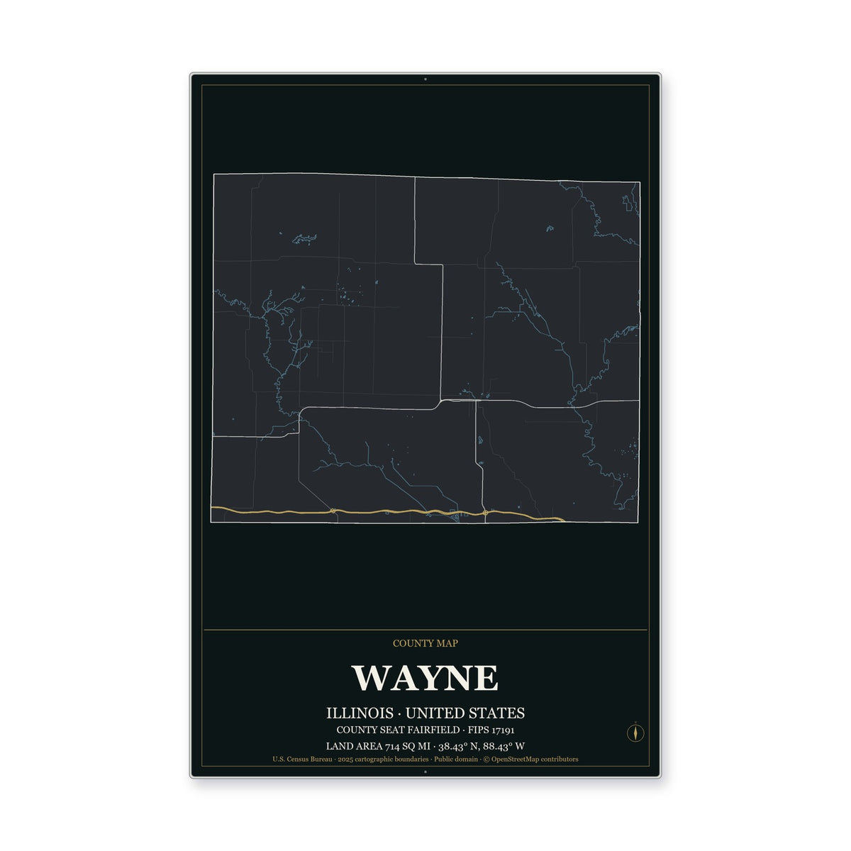 Wayne County, Illinois Map Aluminum Sign in Metropolitan Noir style