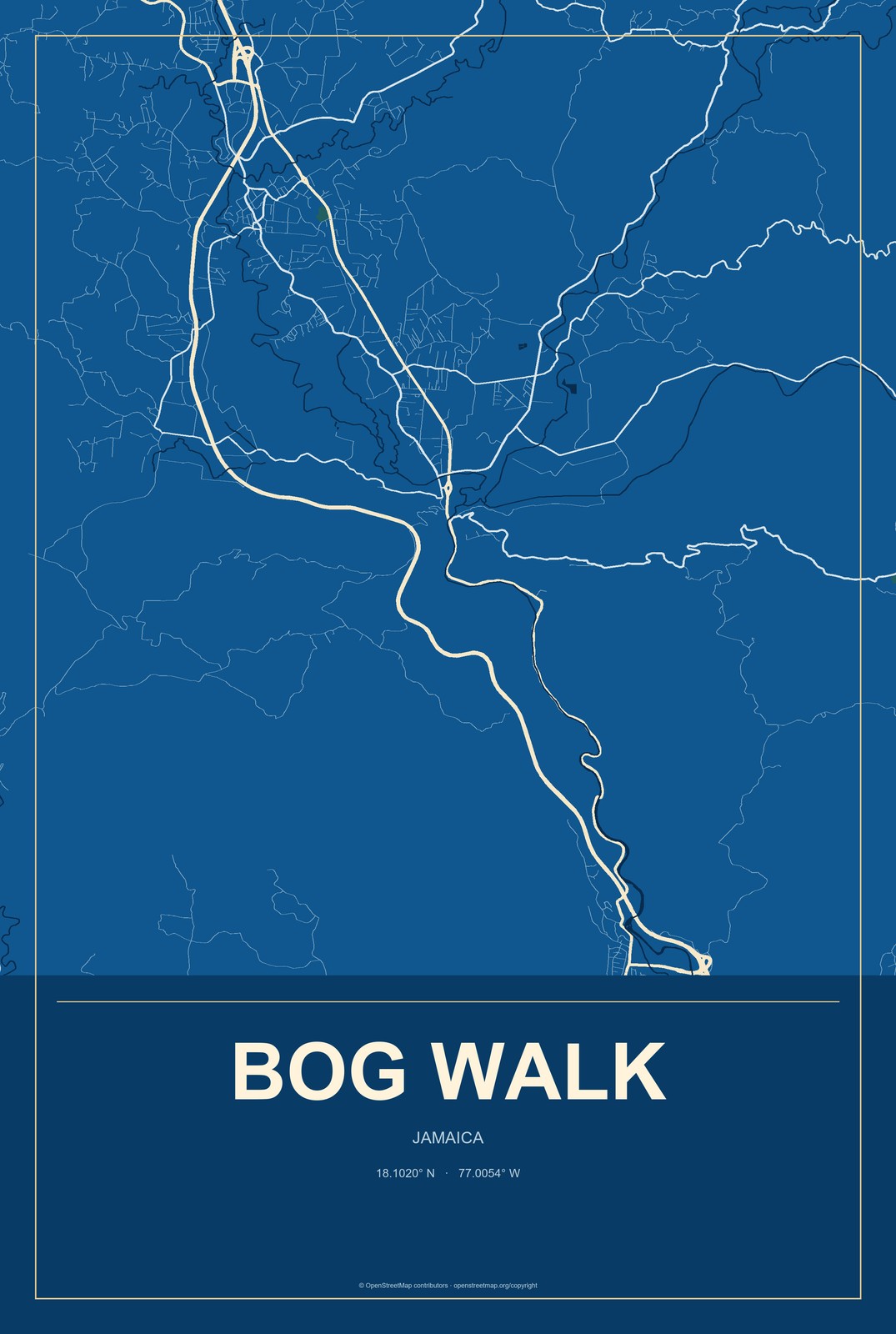 Bog Walk, Jamaica City Map Aluminum Sign in Harbor Cobalt style