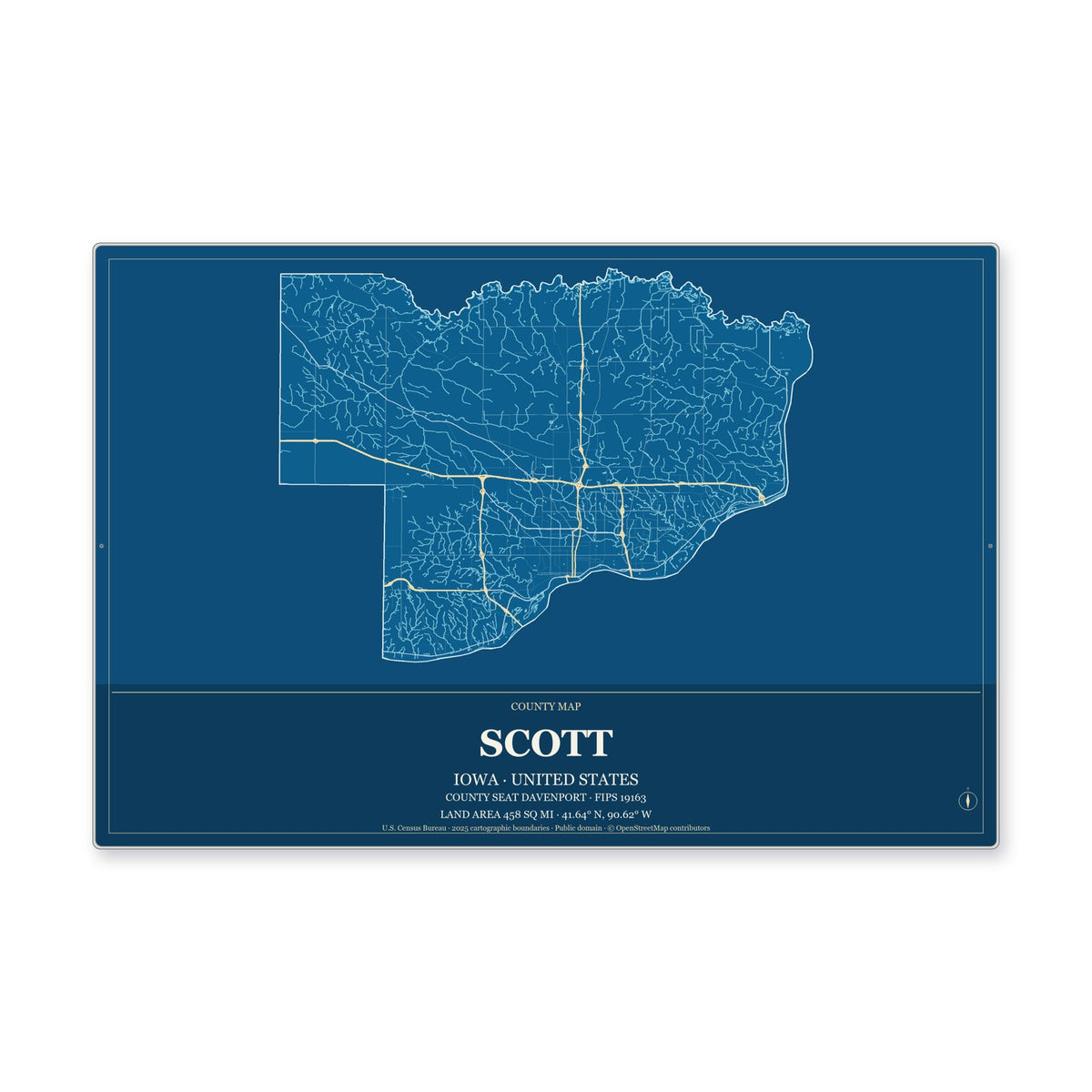 Scott County, Iowa Map Aluminum Sign in Harbor Cobalt style
