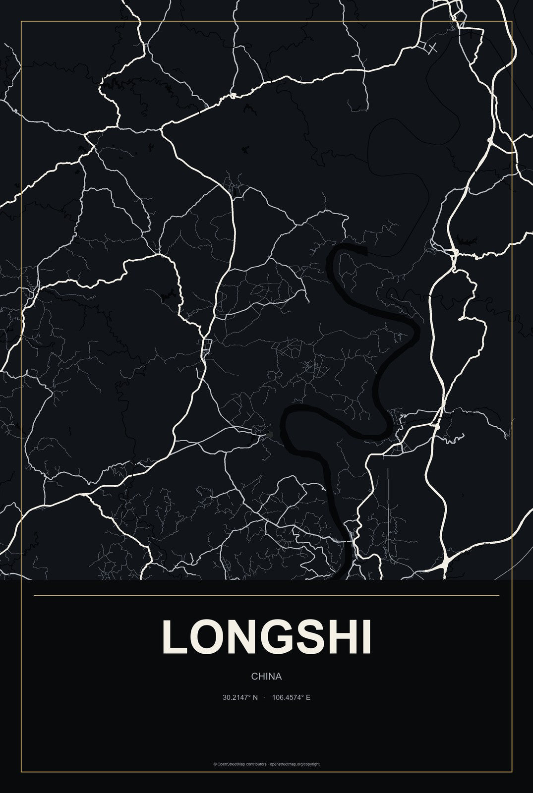 Longshi, China City Map Aluminum Sign in Metropolitan Noir style
