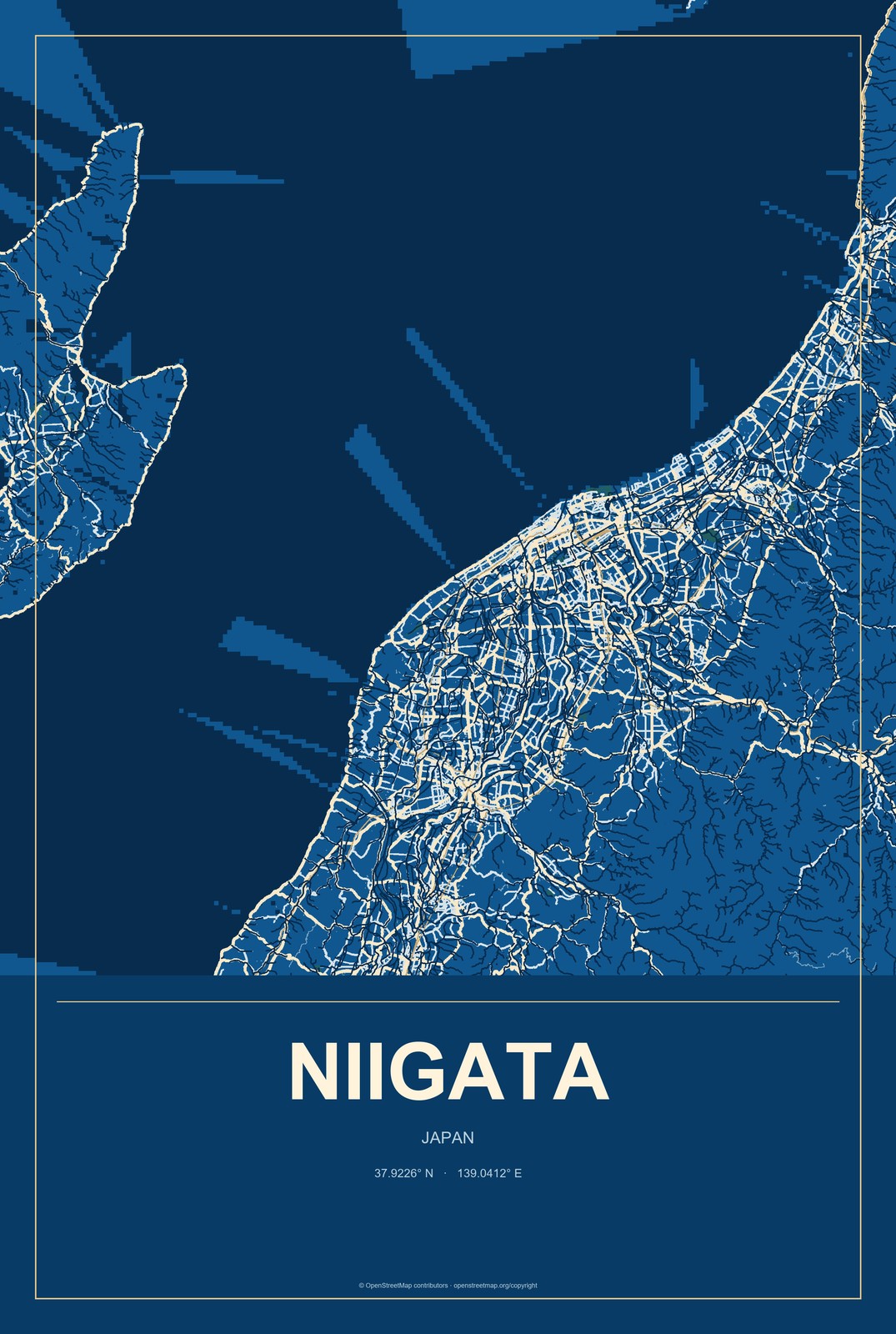 Niigata, Japan City Map Aluminum Sign in Harbor Cobalt style