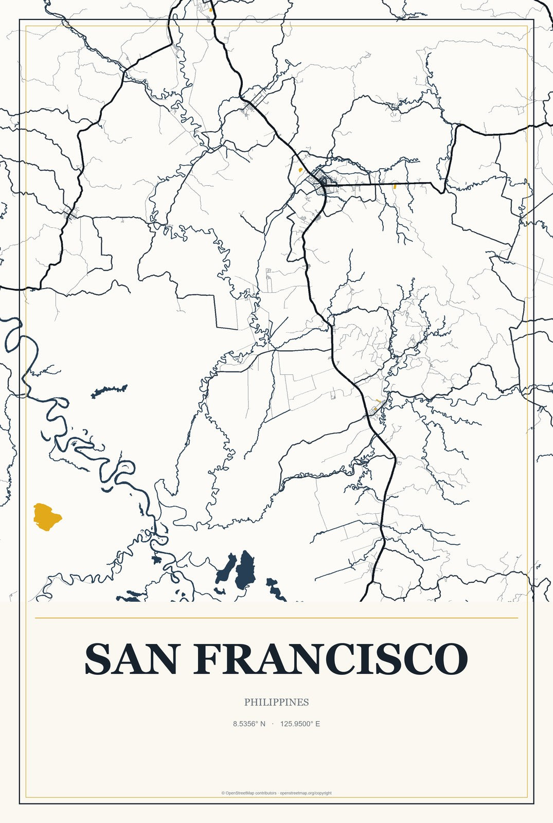 San Francisco, Caraga, Philippines City Map Aluminum Sign in Citrine Modern style