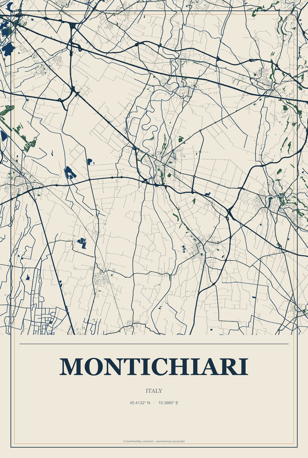 Montichiari, Italy City Map Aluminum Sign in Coastal Cutout style